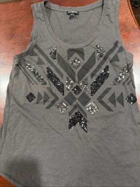 Express Gray Tank with Black & Silver Sequin Geometric Designm